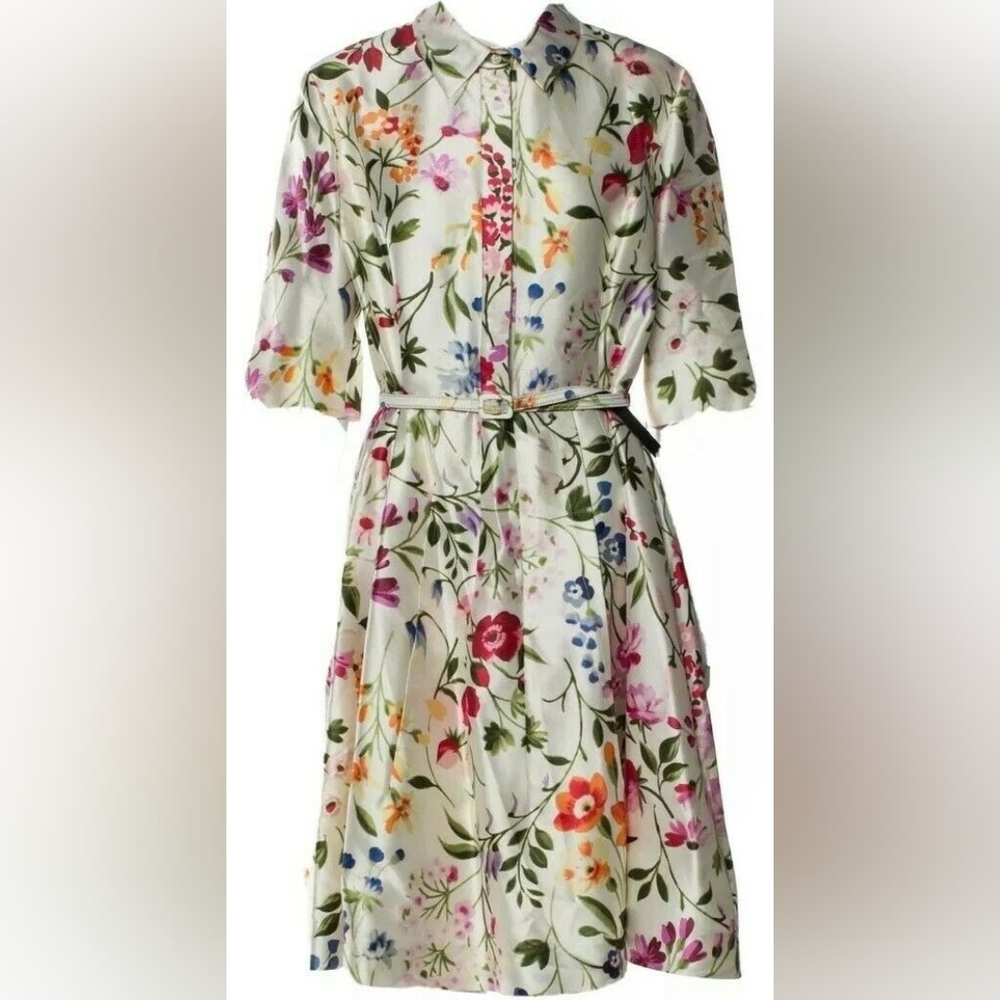 ○$2390 NEW W. TAG OSCAR DE LA RENTA  SILK LINED FLORAL RUNWAY MIDI DRESS US 10 L